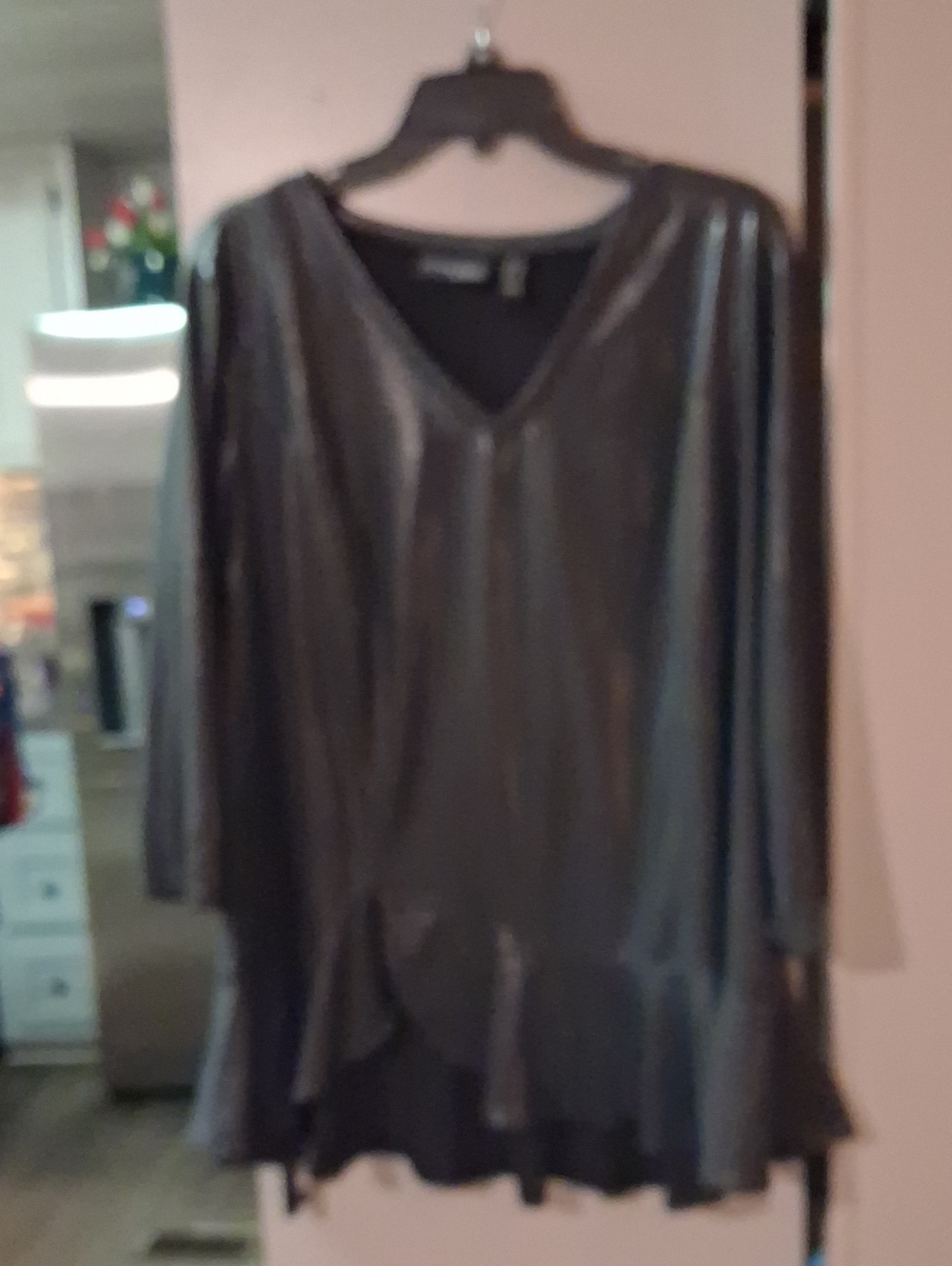 Shiny Metallic Black V-Neck Women's Top